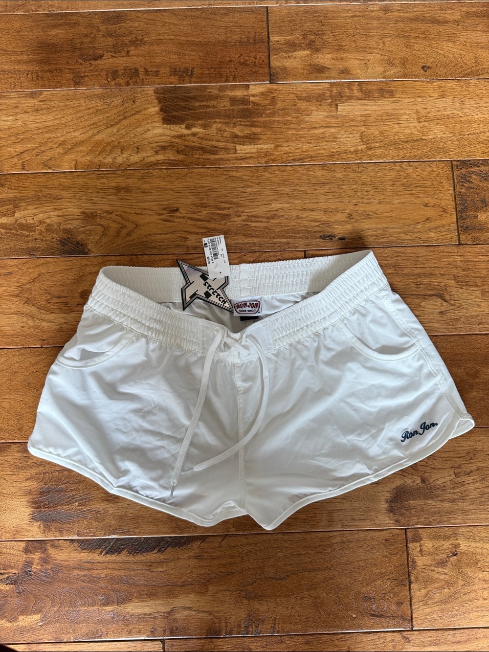 Ron Jon White Elastic Drawstring Swim Shorts with Side Pockets